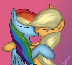 Size: 700x626 | Tagged: safe, artist:leyanor, applejack, rainbow dash, earth pony, pegasus, pony, g4, duo, eyes closed, female, gradient background, kiss on the lips, kissing, lesbian, mare, ship:appledash, shipping, signature