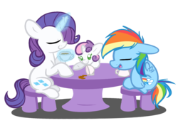 Size: 1000x720 | Tagged: safe, artist:selective-yellow, rainbow dash, rarity, sweetie belle, pegasus, pony, unicorn, g4, baby, baby belle, babysitting, bored, female, filly, filly rainbow dash, filly rarity, simple background, sleeping, tea, tea party, transparent background, trio, younger