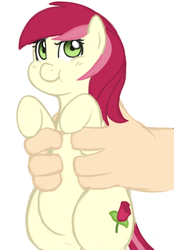 Size: 664x952 | Tagged: safe, artist:elslowmo, artist:redintravenous, roseluck, human, pony, g4, :t, chubby, cute, frown, glare, hand, holding a pony, looking at you, pouting, rosabetes