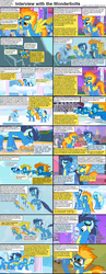 Size: 1282x3304 | Tagged: safe, edit, edited screencap, screencap, amethyst star, blaze, carrot top, derpy hooves, fleetfoot, golden harvest, high winds, lyra heartstrings, minuette, misty fly, rainbow dash, silver lining, silver zoom, soarin', sparkler, spitfire, surprise, pegasus, pony, comic:celestia's servant interview, g4, secret of my excess, sonic rainboom (episode), the best night ever, the ticket master, background pony, caption, comic, female, interview, mare, pie, that pony sure does love pies, wonderbolts, wonderbolts uniform