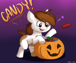 Size: 725x600 | Tagged: safe, artist:scottc, pipsqueak, pony, g4, candy, gradient background, halloween, holiday, jack-o-lantern, male, pumpkin, solo