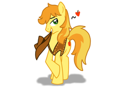 Size: 768x550 | Tagged: safe, artist:quilava-princess, braeburn, earth pony, pony, g4, apple, bedroom eyes, food, hat, heart, male, mouth hold, profile, simple background, solo, stallion, white background