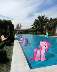 Size: 1226x1536 | Tagged: safe, fluttershy, lyra heartstrings, pinkie pie, twilight sparkle, pony, g4, getty villa, irl, meme, photo, ponies in real life, sitting, sitting lyra, swimming pool, wet mane