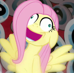 Size: 576x568 | Tagged: safe, edit, edited screencap, screencap, fluttershy, g4, hurricane fluttershy, eye, floppy ears, insanity, inverted mouth, laughing mad, nightmare fuel, solo, spread wings, wings