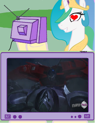 Size: 455x589 | Tagged: safe, princess celestia, pony, princess molestia, g4, exploitable meme, hub logo, megatron, meme, optimus prime, out of context, robot yaoi, shipping, transformers, tv meme