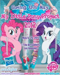 Size: 522x650 | Tagged: safe, pinkie pie, rarity, earth pony, human, pony, unicorn, g4, keep calm and flutter on, official, 2012, bipedal, blue eyes, blue eyeshadow, clothes, cute, cutie mark, eyeshadow, female, fishnet stockings, hasbro, hasbro logo, high heels, horn, japan, jewelry, light skin, logo, makeup, mare, my little pony logo, my little pony project, necklace, open mouth, pearl, pearl necklace, pink hair, pink mane, pink skin, pink socks, project, purple hair, purple mane, shoes, skirt, socks, striped socks, tutu, welovefine