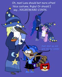 Size: 1684x2098 | Tagged: safe, artist:abigail m., nightmare moon, princess luna, twilight sparkle, g4, luna eclipsed, my little pony: friendship is magic, angry birds, candy, comic sans, cosplay, crossover, food, hat, male, mordecai, mordecai and rigby, nightmare night, red bird, regular show, rigby (regular show), wizard, wizard hat