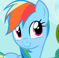 Size: 410x404 | Tagged: safe, screencap, rainbow dash, g4, the mysterious mare do well, blush sticker, blushing, cropped, cute, happy, looking away, smiling, solo
