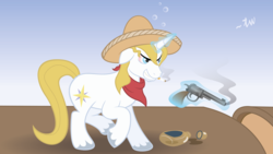 Size: 8000x4500 | Tagged: dead source, safe, artist:anders-art, prince blueblood, pony, unicorn, g4, absurd resolution, cigarette, drunk, gun, hat, magic, male, revolver, solo, sombrero, stallion, telekinesis, tequila, train, weapon