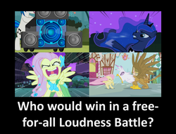 Size: 1408x1074 | Tagged: safe, edit, edited screencap, screencap, dj pon-3, fluttershy, gilda, princess luna, vinyl scratch, griffon, epic wub time, g4, griffon the brush off, luna eclipsed, the best night ever, adventure in the comments, bass cannon, flutterrage, loud, nightmare night, roar, traditional royal canterlot voice, yelling