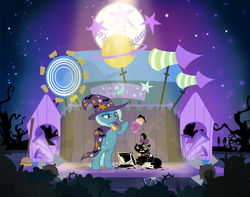 Size: 1200x945 | Tagged: safe, artist:pixelkitties, opalescence, trixie, cat, pony, unicorn, g4, angry, bipedal, broom, cape, clothes, female, halloween, hat, levitation, lidded eyes, magic, mare, messy, moon, night, nightmare night, paint, smiling, stage, stars, telekinesis, this will end in pain, trixie's cape, trixie's hat, trixie's wagon, witch