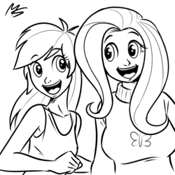 Size: 945x945 | Tagged: safe, artist:megasweet, fluttershy, rainbow dash, human, g4, may the best pet win, awesome face, breasts, busty fluttershy, clothes, faic, female, humanized, lineart, monochrome, scene interpretation, sweatershy