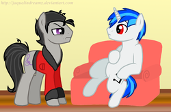 Size: 2043x1338 | Tagged: dead source, safe, artist:jaquelindreamz, dj pon-3, octavia melody, vinyl scratch, earth pony, pony, unicorn, g4, bathrobe, bed mane, chair, clothes, duo, duo male, female to male, male, octavius, otto octavius, record scrape, robe, rule 63, stallion