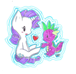 Size: 900x871 | Tagged: safe, artist:polishhedgiefangirl, rarity, spike, g4, female, heart, interspecies, male, ship:sparity, shipping, straight, traditional art