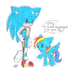 Size: 900x872 | Tagged: safe, artist:polishhedgiefangirl, rainbow dash, g4, crossover, injured, male, sonic the hedgehog, sonic the hedgehog (series), traditional art