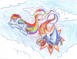 Size: 900x695 | Tagged: safe, artist:srb2-blade, rainbow dash, g4, crossover, metal sonic, race, rivalry, sonic rainboom, sonic the hedgehog, sonic the hedgehog (series), traditional art