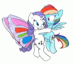 Size: 2241x1974 | Tagged: safe, artist:carnifex, artist:ronmart12, rainbow dash, rarity, g4, artificial wings, augmented, blushing, colored, female, flying, lesbian, magic, magic wings, ship:raridash, shipping, traditional art, wings