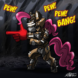 Size: 900x900 | Tagged: safe, artist:johnjoseco, pinkie pie, g4, dead space, foam finger, hand cannon, handgun, rig (dead space)