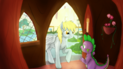 Size: 1600x900 | Tagged: safe, artist:cyclone-dusk, derpy hooves, spike, pegasus, pony, g4, female, golden oaks library, mare