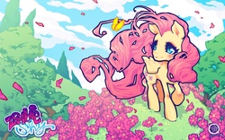 Size: 1920x1200 | Tagged: safe, artist:bara-chan, fluttershy, butterfly, pegasus, pony, g4, blushing, female, flower, flower petals, folded wings, looking at something, looking up, mare, outdoors, raised hoof, sky, smiling, solo, tree, walking, windswept mane, wings