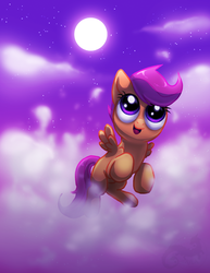 Size: 541x700 | Tagged: safe, artist:aylastardragon, scootaloo, pony, cloud, cloudy, cute, cutealoo, female, flying, moon, night, scootaloo can fly, solo