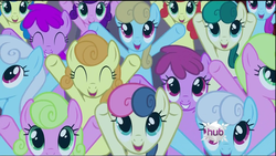 Size: 1920x1080 | Tagged: safe, screencap, berry punch, berryshine, bluebonnet, bon bon, carrot top, daisy, flower wishes, golden harvest, linky, merry melody, shoeshine, strawberry sunrise, sweetie drops, earth pony, pegasus, pony, g4, hearth's warming eve (episode), season 2, adorabon, background pony, background pony audience, coca melody, coconut melody, crowd, cute, cutie top, female, hearth's warming eve, hub logo, hubble, incoming hug, linkybetes, mare, not bon bon, pink cola, purple rainbow, recolor, strawwberry sunrise, tree stump (character), yellow blueberry, yellow melody