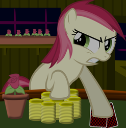 Size: 5412x5467 | Tagged: safe, artist:rainbowrage12, roseluck, earth pony, pony, g4, absurd resolution, card, female, filly, flower, flower pot, poker, show accurate, solo, younger