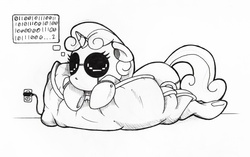 Size: 1000x629 | Tagged: safe, artist:blue-von, sweetie belle, pony, robot, robot pony, unicorn, g4, binary, black and white, charging, color me, dream, eyes closed, female, filly, floppy ears, foal, futurama, grayscale, hooves, horn, lying down, male, monochrome, sleeping, solo, sweetie bot