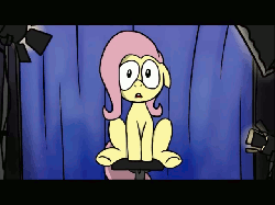 Size: 640x480 | Tagged: safe, artist:fimflamfilosophy, fluttershy, pony, g4, animated, camera, d:, female, interview, looking at you, mare, open mouth, scared, shivering, shrunken pupils, solo, spotlight, stage fright, stool