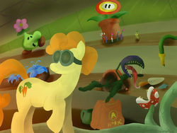Size: 1600x1200 | Tagged: safe, artist:leafgrowth, carrot top, golden harvest, earth pony, pikmin, pony, g4, blue pikmin, bub-ulb, carnivorous plant, crossover, deku baba, female, fire flower, flower, goggles, mare, mega crossover, paper mario, pikmin (series), piranha plant, plant, poison joke, purple pikmin, red pikmin, super mario bros., the legend of zelda, white pikmin, yellow pikmin