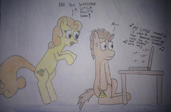 Size: 929x606 | Tagged: safe, artist:bored0stiff, carrot top, doctor whooves, golden harvest, time turner, g4