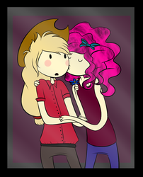 Size: 800x990 | Tagged: safe, artist:korodious, applejack, pinkie pie, human, g4, adventure time, cheek kiss, eyes closed, female, humanized, kissing, lesbian, light skin, male, open mouth, ship:applepie, shipping, style emulation