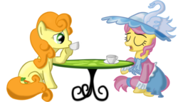 Size: 6410x3660 | Tagged: safe, artist:karyobinga, carrot top, golden harvest, swan song, earth pony, pony, g4, cup, duo, duo female, eyes closed, female, mare, open mouth, simple background, table, tea party, teacup, transparent background