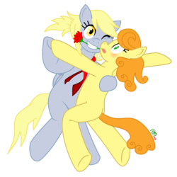 Size: 2315x2315 | Tagged: safe, artist:puu-aj-chan, carrot top, derpy hooves, golden harvest, earth pony, pegasus, pony, g4, female, flower, high res, lesbian, mare, palindrome get, rose, ship:derpytop, shipping, simple background, tango, transparent background