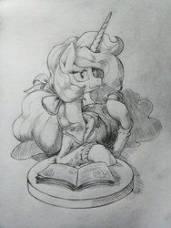 Size: 960x1280 | Tagged: safe, artist:discommunicator, princess celestia, pony, g4, alternate hairstyle, book, clothes, female, hoodie, monochrome, sketch, solo, tongue out