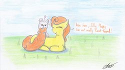 Size: 1500x839 | Tagged: safe, artist:moonlightscribe, angel bunny, carrot top, golden harvest, rabbit, g4, dialogue, female, nom, pet, solo, traditional art