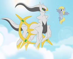 Size: 2200x1800 | Tagged: safe, artist:elsdrake, derpy hooves, arceus, pegasus, pony, g4, crossover, duo, female, flying, legendary pokémon, mare, pokémon