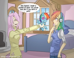 Size: 1062x827 | Tagged: safe, artist:ketsuzoku, fluttershy, rainbow dash, human, pegasus, pony, g4, bed, blushing, clothes, cutie mark, dialogue, doll, eyes closed, female, hair over one eye, headphones, humanized, lesbian, mare, plushie, rainbow dash plushie, self plushidox, self ponidox, ship:flutterdash, shipping, smiling, speech bubble, window