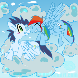 Size: 1000x1000 | Tagged: safe, artist:lonelywolf182, rainbow dash, soarin', g4, blushing, boop, cloud, cloudy, eyes closed, female, flying, grin, gritted teeth, male, noseboop, prone, ship:soarindash, shipping, smiling, spread wings, straight, wide eyes
