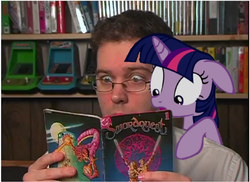 Size: 900x656 | Tagged: safe, twilight sparkle, human, pony, g4, angry video game nerd, glasses, irl, photo, ponies in real life, sword quest, vector