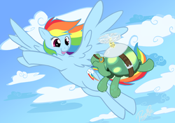 Size: 877x620 | Tagged: safe, rainbow dash, tank, pegasus, pony, tortoise, g4, cloud, cloudy, flying