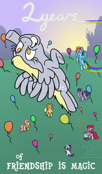 Size: 1280x2176 | Tagged: safe, artist:sketchinetch, applejack, derpy hooves, fluttershy, pinkie pie, rainbow dash, rarity, twilight sparkle, earth pony, pegasus, pony, unicorn, g4, anniversary, balloon, female, happy birthday mlp:fim, horn, mane six, mare, mlp fim's second anniversary, party cannon, pony cannonball, wings