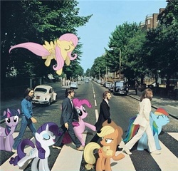 Size: 500x479 | Tagged: safe, applejack, fluttershy, pinkie pie, rainbow dash, rarity, twilight sparkle, human, pony, g4, abbey road, album cover, bipedal, crossover, george harrison, irl, john lennon, mane six, paul mccartney, photo, ponies in real life, ringo starr, the beatles, vector