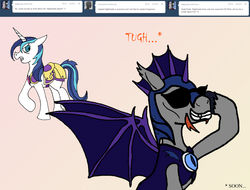 Size: 1280x971 | Tagged: dead source, safe, artist:dustytheroyaljanitor, shining armor, oc, oc:captain nightshade, ask female shining armor, g4, ask, gleaming shield, night guard, rule 63, sunglasses, tumblr