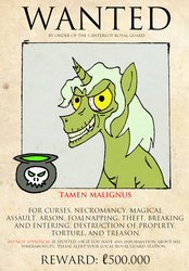 Size: 500x720 | Tagged: dead source, safe, artist:dustytheroyaljanitor, oc, oc only, oc:tamen malignus, ask female shining armor, tumblr, wanted poster