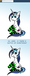 Size: 1280x3247 | Tagged: dead source, safe, artist:dustytheroyaljanitor, shining armor, pony, ask female shining armor, g4, ask, clothes, gleaming shield, rule 63, socks, solo, striped socks, tumblr