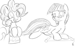 Size: 1000x624 | Tagged: safe, artist:crade, pinkie pie, twilight sparkle, g4, apron, clothes, glasses, scroll, sketch