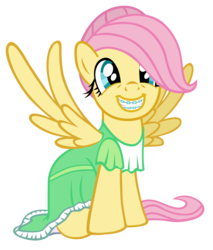 Size: 825x968 | Tagged: safe, artist:sorcerushorserus, fluttershy, pegasus, pony, comic:dash academy, g4, alternate hairstyle, braces, clothes, cute, dress, shyabetes, simple background, smiling, solo, teenager, transparent background, younger