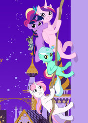 Size: 900x1260 | Tagged: safe, artist:reashi, lyra heartstrings, moondancer (g1), princess cadance, smarty pants, twilight sparkle, alicorn, pony, unicorn, g1, g4, adventures in babysitting, female, filly, filly twilight sparkle, g1 to g4, generation leap, rappelling, rope, younger