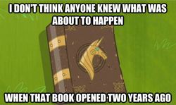 Size: 624x373 | Tagged: safe, anniversary, book, happy birthday mlp:fim, heartwarming in hindsight, image macro, mlp fim's second anniversary